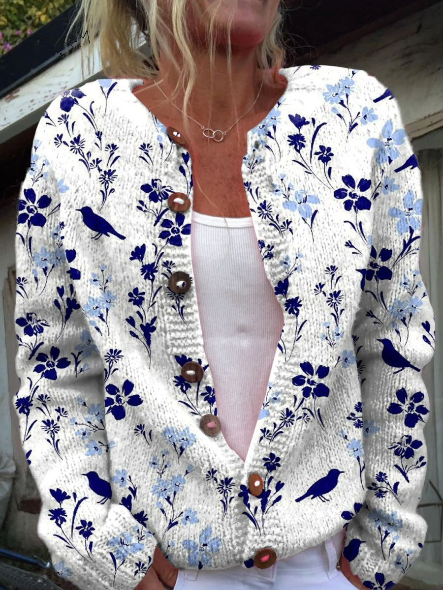 Franca | Cardigan in Maglia con Stampa Vintage di Fiori e Uccelli