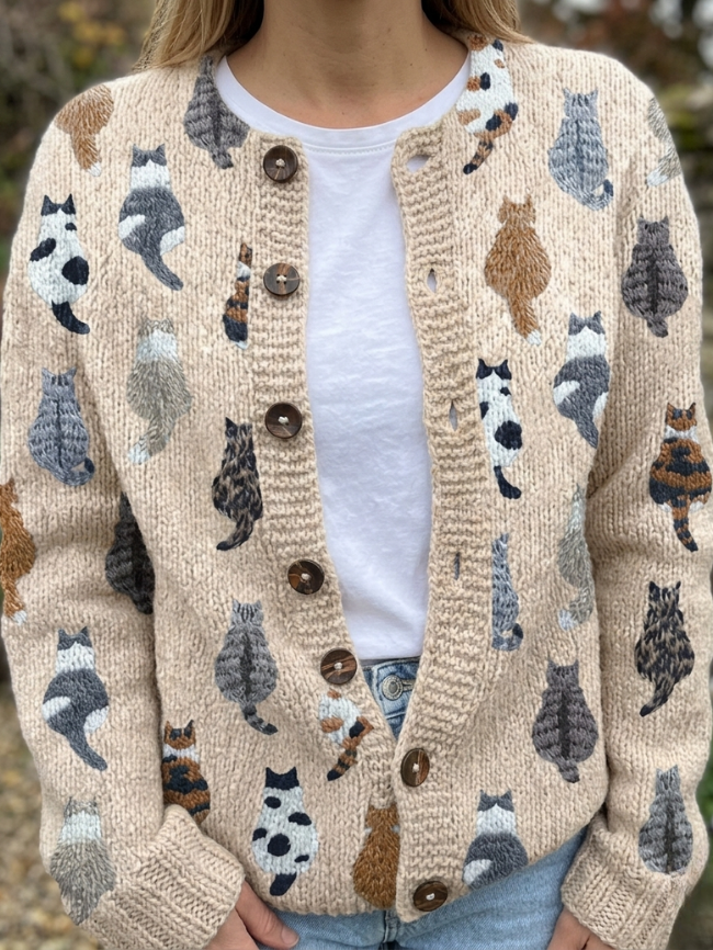 Graziella | Cardigan con Stampa di Gatti Accogliente